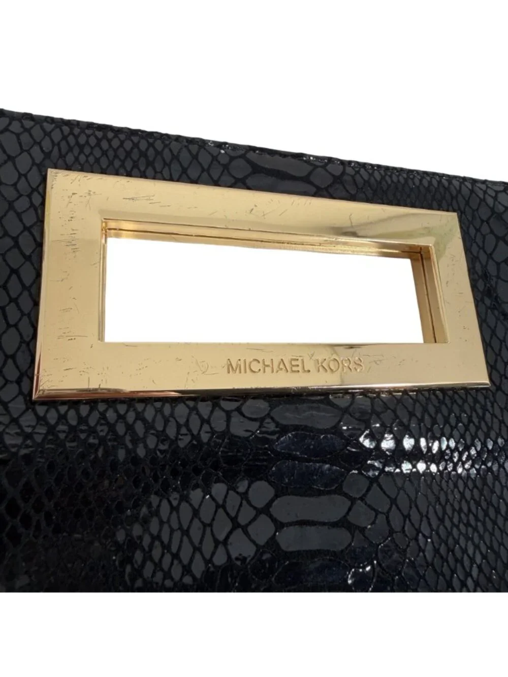 MICHAEL KORS - Berkeley Clutch Bag Black Snakeskin Pattern Patent Leather Gold